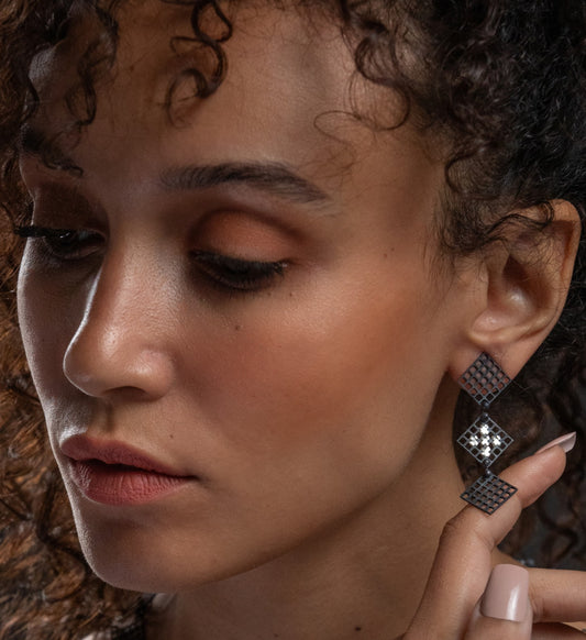 Tally on Silver Triplets Black Earrings